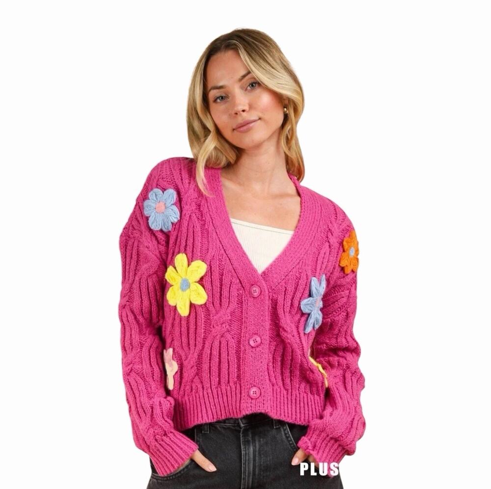 New In Pink Floral Applique Cable Knit Cardigan Small NWOT Coquette Y2K Sweater